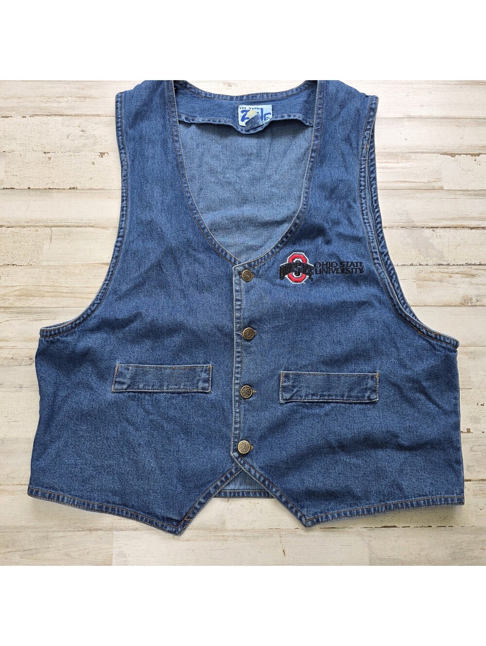 Vintage 90s Ohio State Buckeyes Denim Jean Vest Sleeveless In the Zone Womens XL